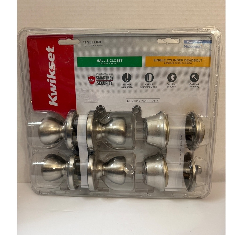 Kwikset Polo Satin Nickel Hall Closet Knobs & Single Cylinder Deadbolts 4 Pack